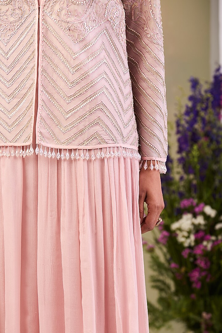 Pastel Pink Pure Silk Organza Embroidered Jacket With Jumpsuit by Sue Mue at Pernia's Pop Up Shop