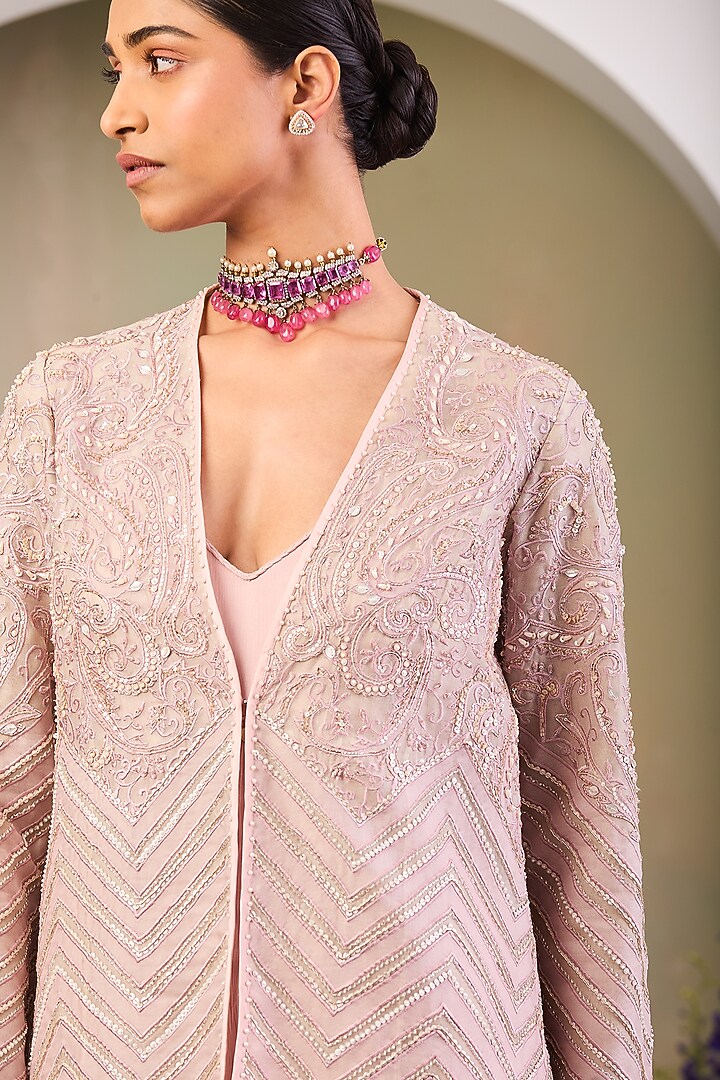 Pastel Pink Pure Silk Organza Embroidered Jacket With Jumpsuit by Sue Mue at Pernia's Pop Up Shop