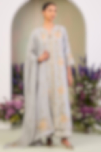 Ice Blue Handwoven Silk Chanderi Embroidered Kurta Set by Sue Mue at Pernia's Pop Up Shop