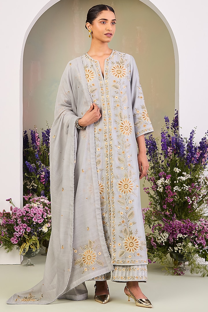 Ice Blue Handwoven Silk Chanderi Embroidered Kurta Set by Sue Mue at Pernia's Pop Up Shop