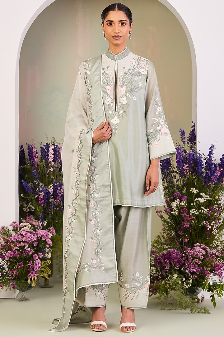 Sage Green Handwoven Silk Chanderi Applique Work Kurta Set by Sue Mue at Pernia's Pop Up Shop