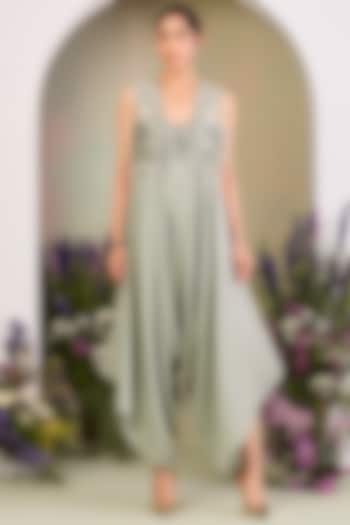 Sage Green Handwoven Chanderi Mulmul Embroidered Gilet With Jumpsuit by Sue Mue at Pernia's Pop Up Shop