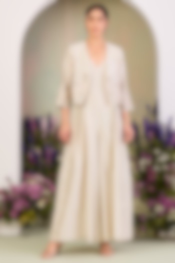 Greenish White Handwoven Silk Chanderi Zari Embroidered Jacket With Jumpsuit by Sue Mue at Pernia's Pop Up Shop