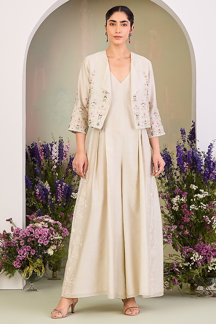 Greenish White Handwoven Silk Chanderi Zari Embroidered Jacket With Jumpsuit by Sue Mue at Pernia's Pop Up Shop