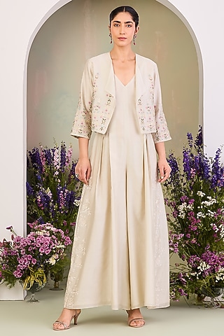 Greenish White Handwoven Silk Chanderi Zari Embroidered Jacket With Jumpsuit by Sue Mue