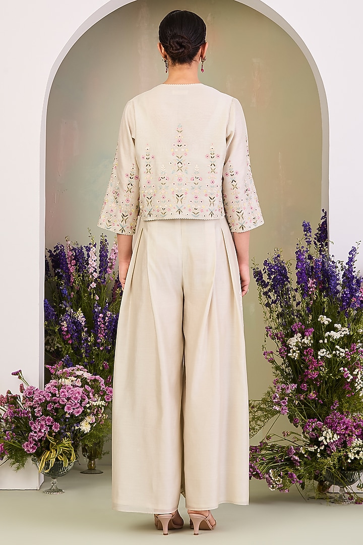 Greenish White Handwoven Silk Chanderi Zari Embroidered Jacket With Jumpsuit by Sue Mue at Pernia's Pop Up Shop