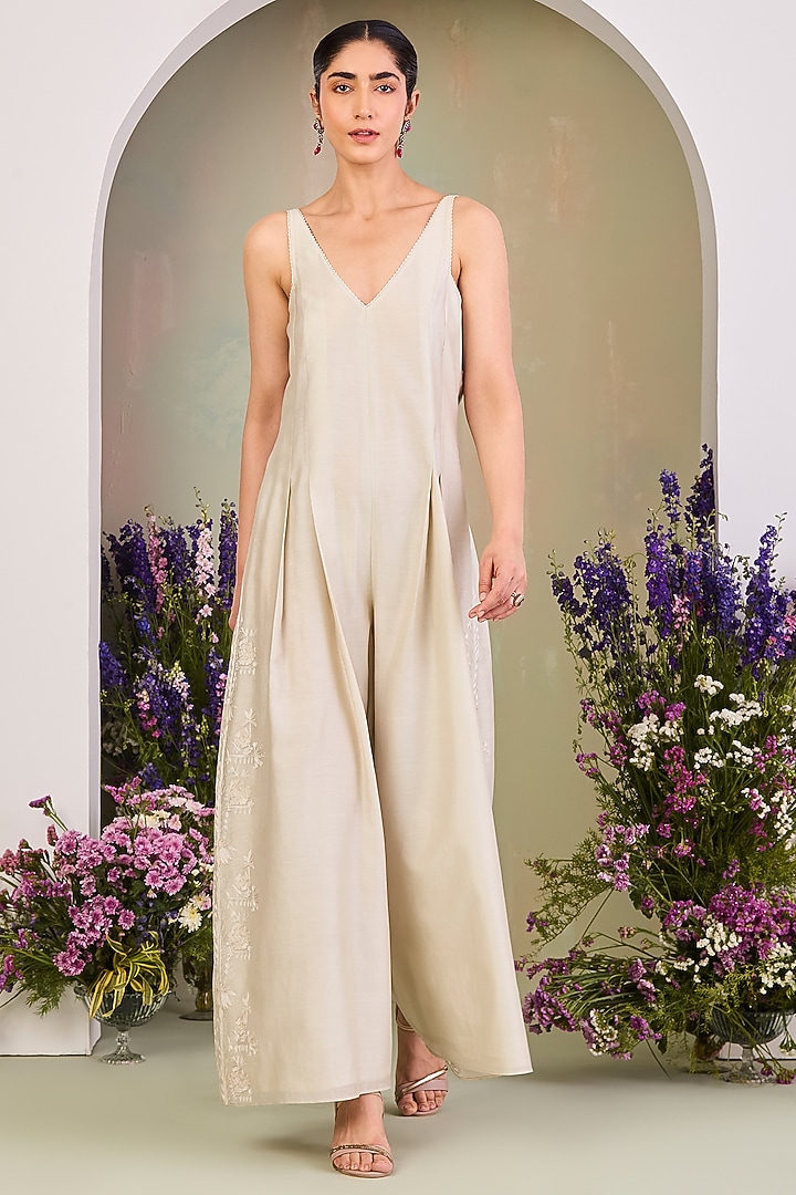 Greenish White Handwoven Silk Chanderi Zari Embroidered Jacket With Jumpsuit by Sue Mue at Pernia's Pop Up Shop