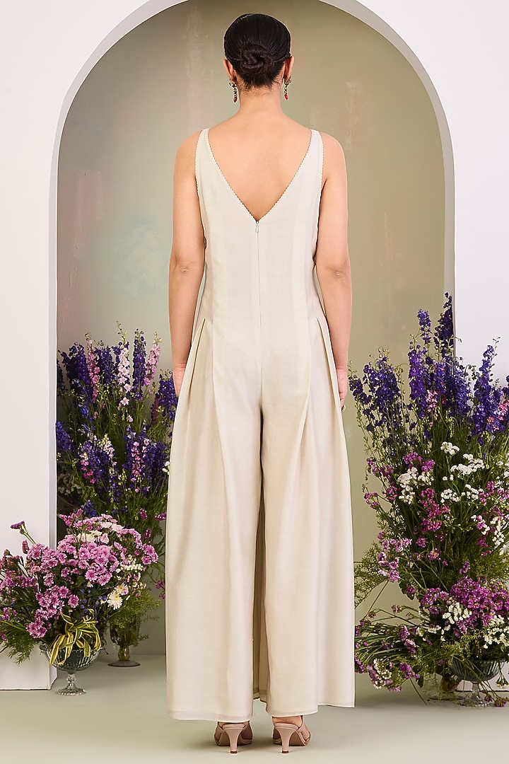 Greenish White Handwoven Silk Chanderi Zari Embroidered Jacket With Jumpsuit by Sue Mue at Pernia's Pop Up Shop