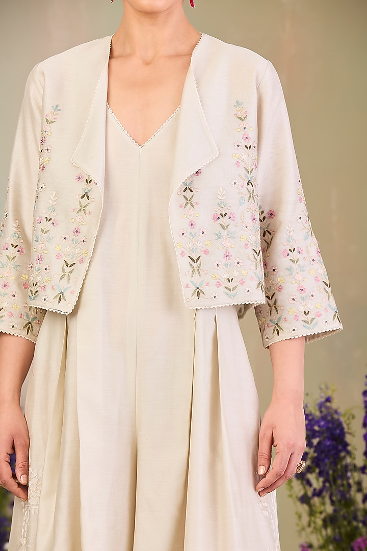 Greenish White Handwoven Silk Chanderi Zari Embroidered Jacket With Jumpsuit by Sue Mue at Pernia's Pop Up Shop
