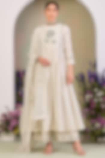 Greenish White Handwoven Silk Chanderi Zari Work Wedding Anarkali Set by Sue Mue at Pernia's Pop Up Shop