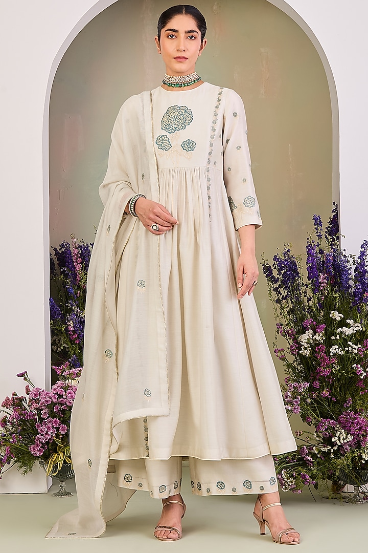 Greenish White Handwoven Silk Chanderi Zari Work Wedding Anarkali Set by Sue Mue at Pernia's Pop Up Shop