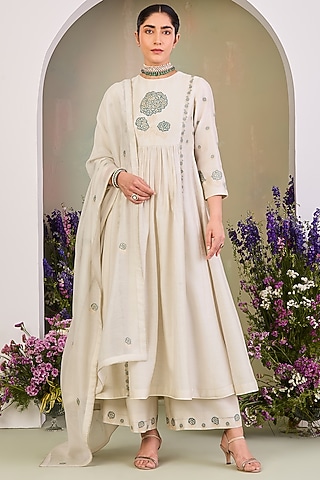 Greenish White Handwoven Silk Chanderi Zari Work Anarkali Set by Sue Mue