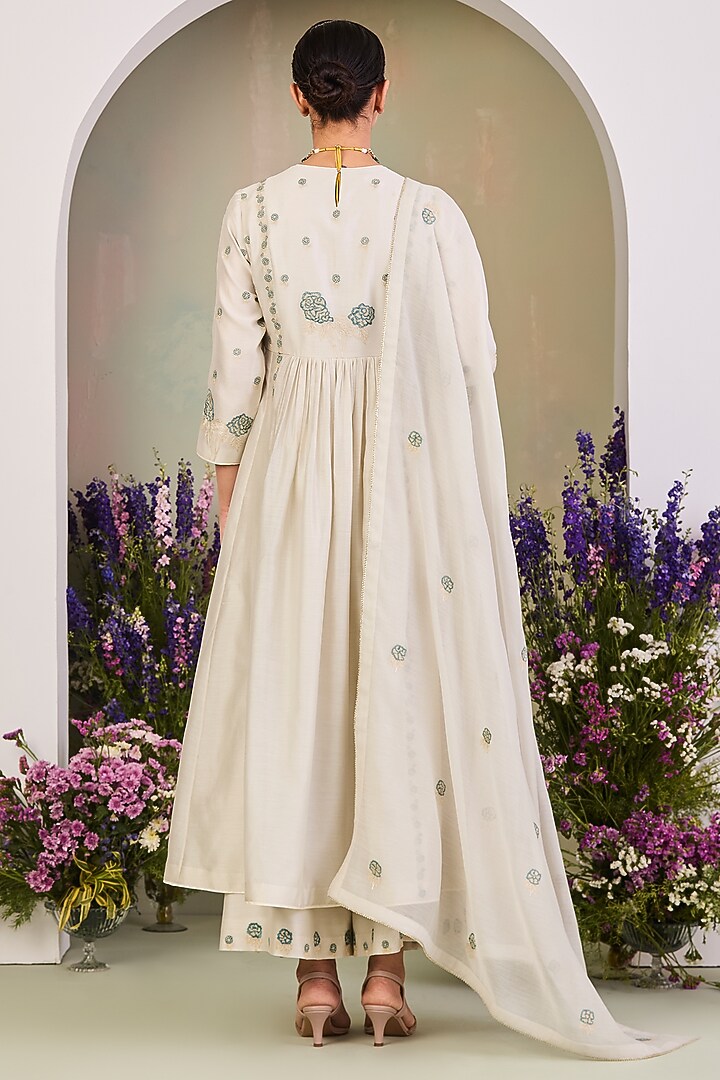 Greenish White Handwoven Silk Chanderi Zari Work Wedding Anarkali Set by Sue Mue at Pernia's Pop Up Shop