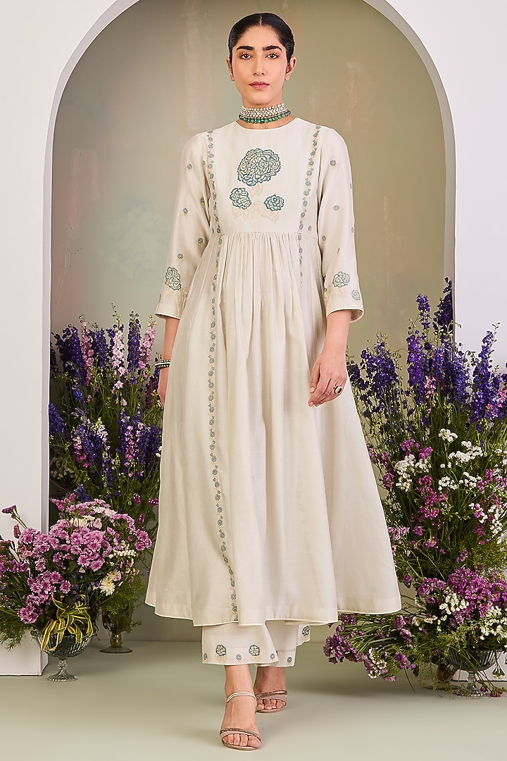 Greenish White Handwoven Silk Chanderi Zari Work Wedding Anarkali Set by Sue Mue at Pernia's Pop Up Shop