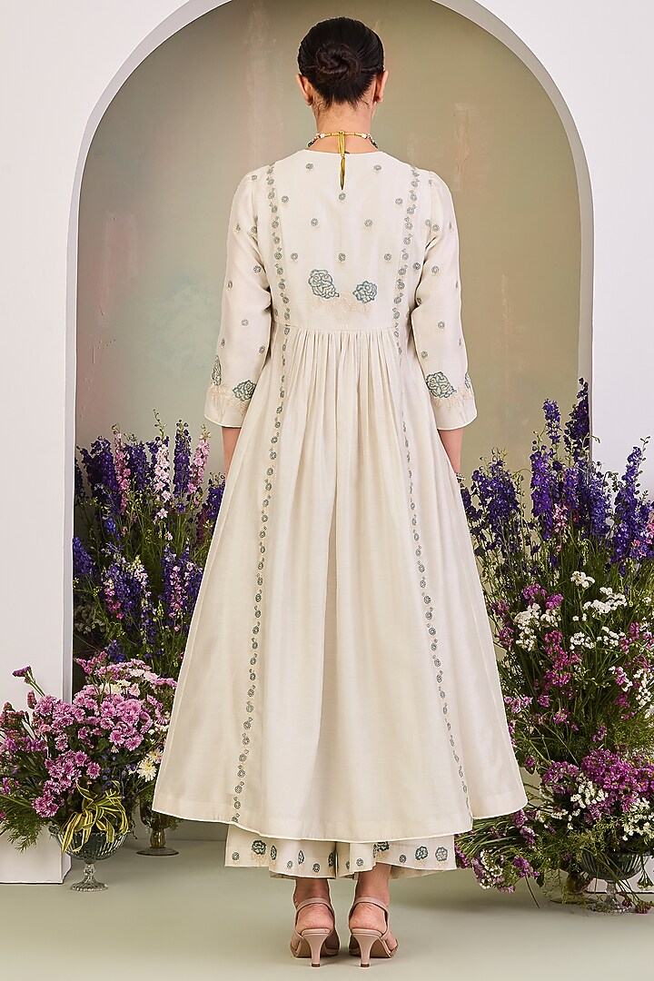 Greenish White Handwoven Silk Chanderi Zari Work Wedding Anarkali Set by Sue Mue at Pernia's Pop Up Shop