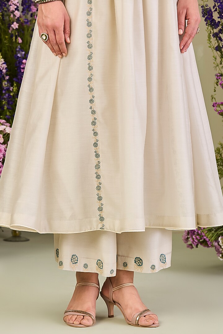 Greenish White Handwoven Silk Chanderi Zari Work Wedding Anarkali Set by Sue Mue at Pernia's Pop Up Shop