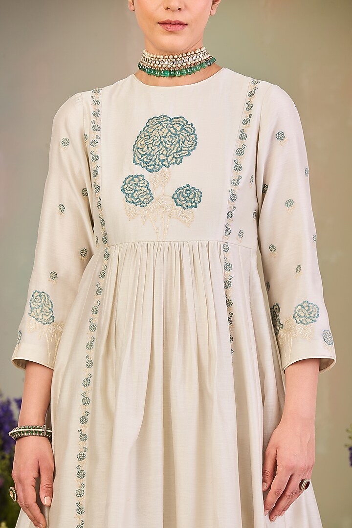 Greenish White Handwoven Silk Chanderi Zari Work Wedding Anarkali Set by Sue Mue at Pernia's Pop Up Shop
