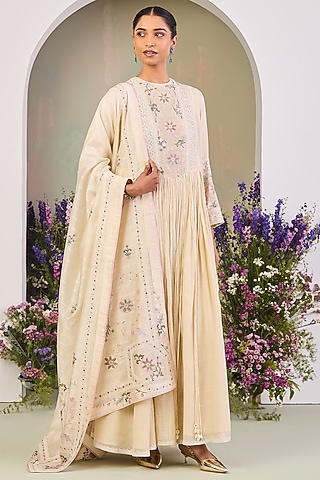 Light Yellow Handwoven Chanderi Mulmul Embroidered Anarkali Set by Sue Mue