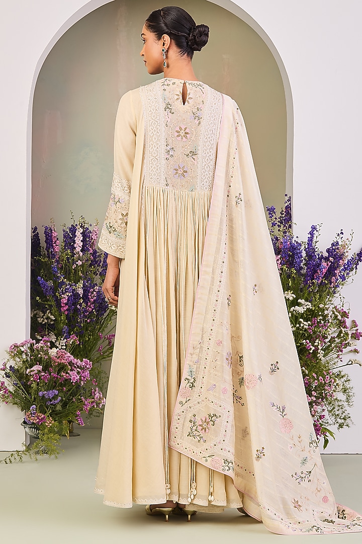 Light Yellow Handwoven Chanderi Mulmul Embroidered Wedding Anarkali Set by Sue Mue at Pernia's Pop Up Shop