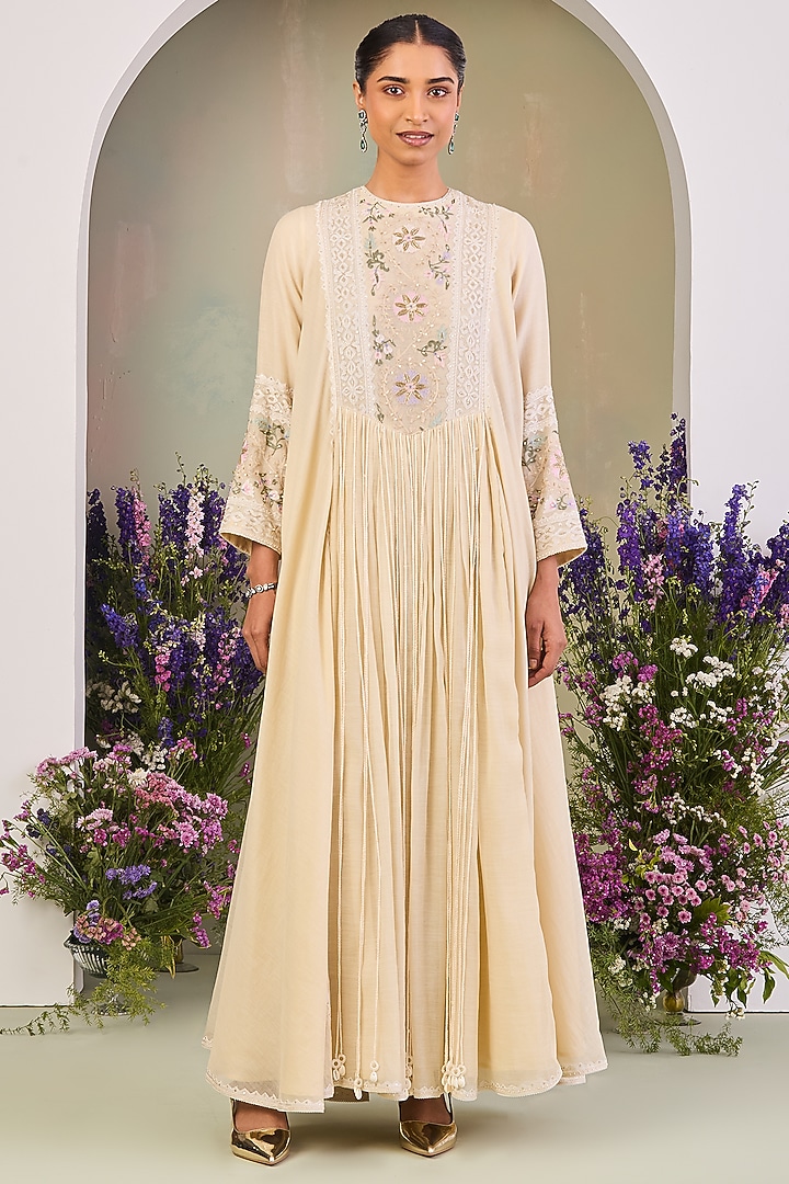 Light Yellow Handwoven Chanderi Mulmul Embroidered Wedding Anarkali Set by Sue Mue at Pernia's Pop Up Shop