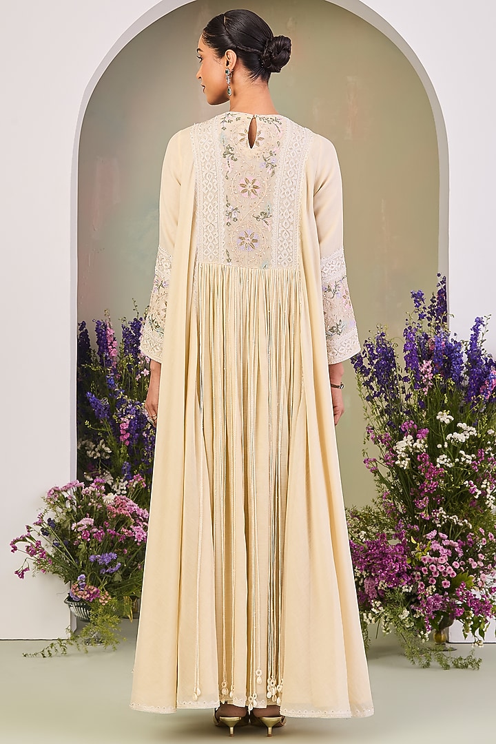 Light Yellow Handwoven Chanderi Mulmul Embroidered Wedding Anarkali Set by Sue Mue at Pernia's Pop Up Shop