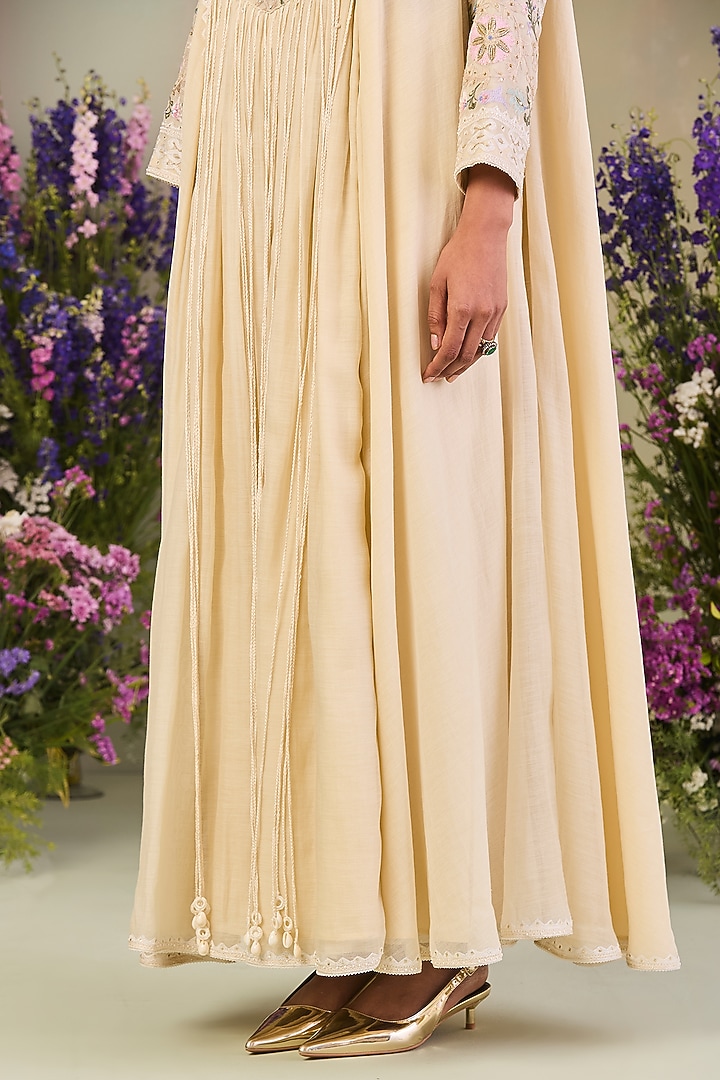 Light Yellow Handwoven Chanderi Mulmul Embroidered Wedding Anarkali Set by Sue Mue at Pernia's Pop Up Shop