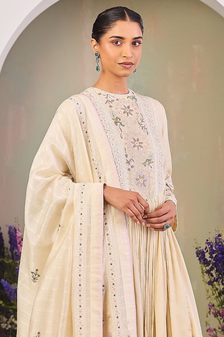 Light Yellow Handwoven Chanderi Mulmul Embroidered Wedding Anarkali Set by Sue Mue at Pernia's Pop Up Shop
