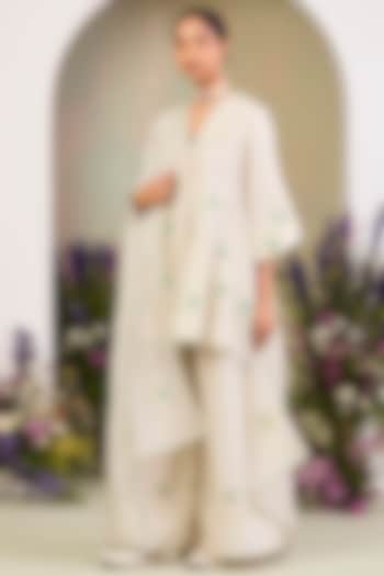 Greenish White Handwoven Silk Chanderi Embroidered Kurta Set by Sue Mue at Pernia's Pop Up Shop