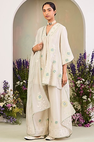 Greenish White Handwoven Silk Chanderi Embroidered Kurta Set by Sue Mue