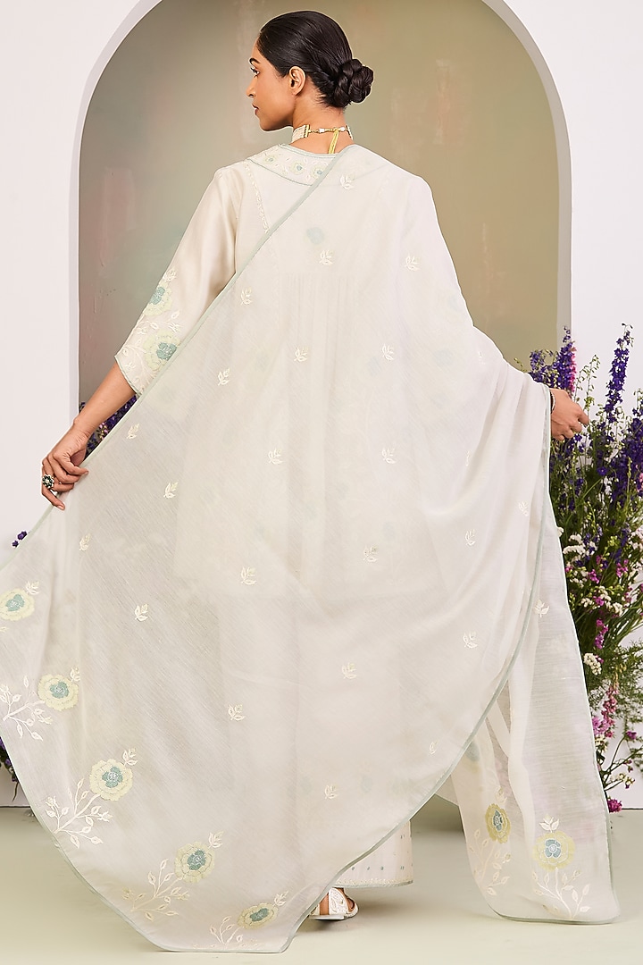 Greenish White Handwoven Silk Chanderi Embroidered Kurta Set by Sue Mue at Pernia's Pop Up Shop