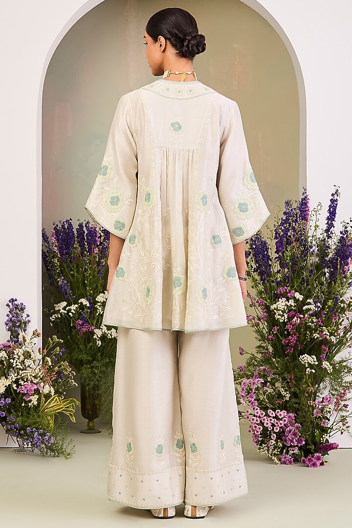 Greenish White Handwoven Silk Chanderi Embroidered Kurta Set by Sue Mue at Pernia's Pop Up Shop