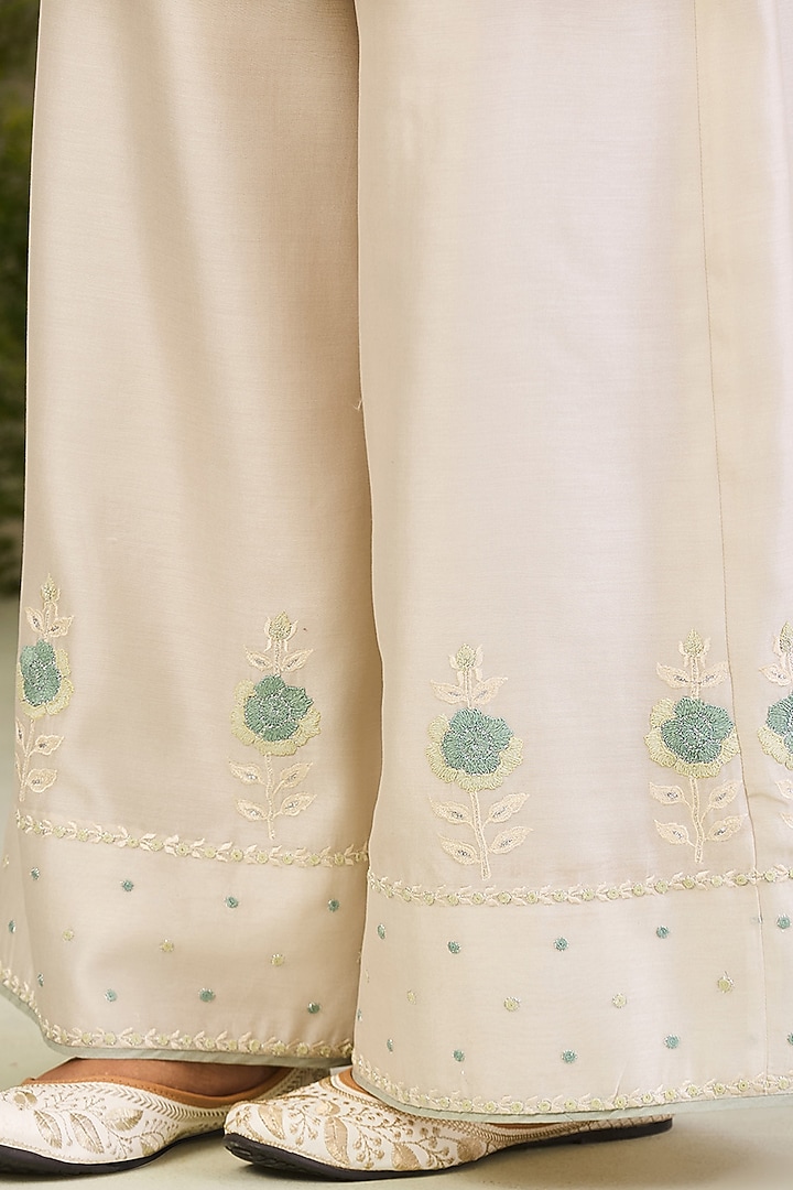 Greenish White Handwoven Silk Chanderi Embroidered Kurta Set by Sue Mue at Pernia's Pop Up Shop