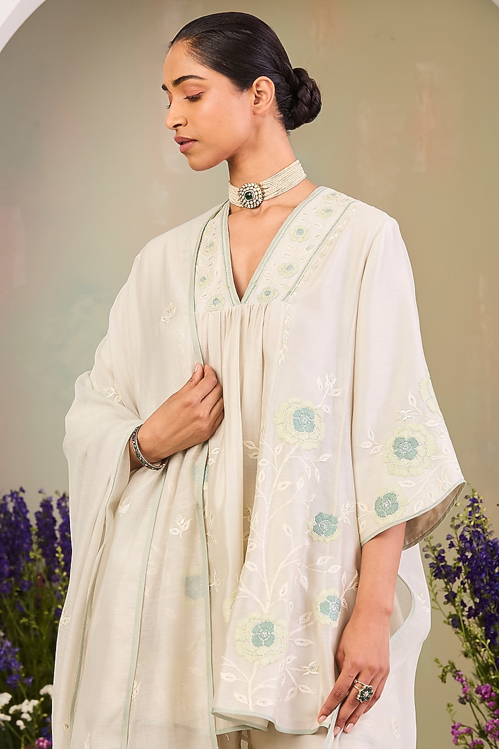Greenish White Handwoven Silk Chanderi Embroidered Kurta Set by Sue Mue at Pernia's Pop Up Shop