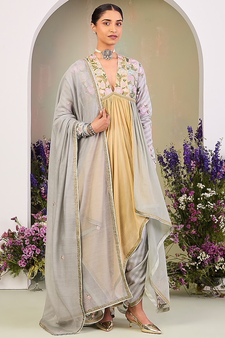 Pastel Yellow Handwoven Chanderi Mulmul Long Wedding Anarkali Set by Sue Mue at Pernia's Pop Up Shop