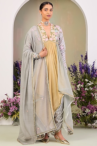 Pastel Yellow Handwoven Chanderi Mulmul Long Anarkali Set by Sue Mue