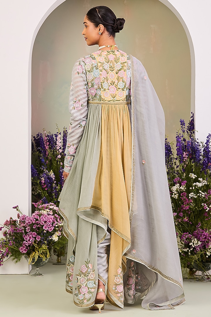 Pastel Yellow Handwoven Chanderi Mulmul Long Wedding Anarkali Set by Sue Mue at Pernia's Pop Up Shop