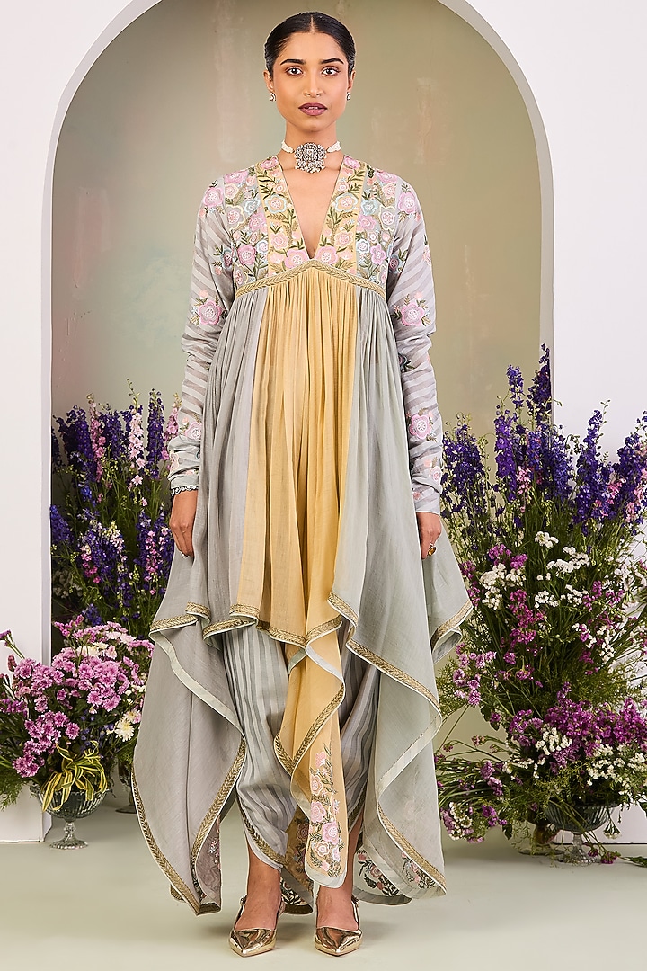 Pastel Yellow Handwoven Chanderi Mulmul Long Wedding Anarkali Set by Sue Mue at Pernia's Pop Up Shop