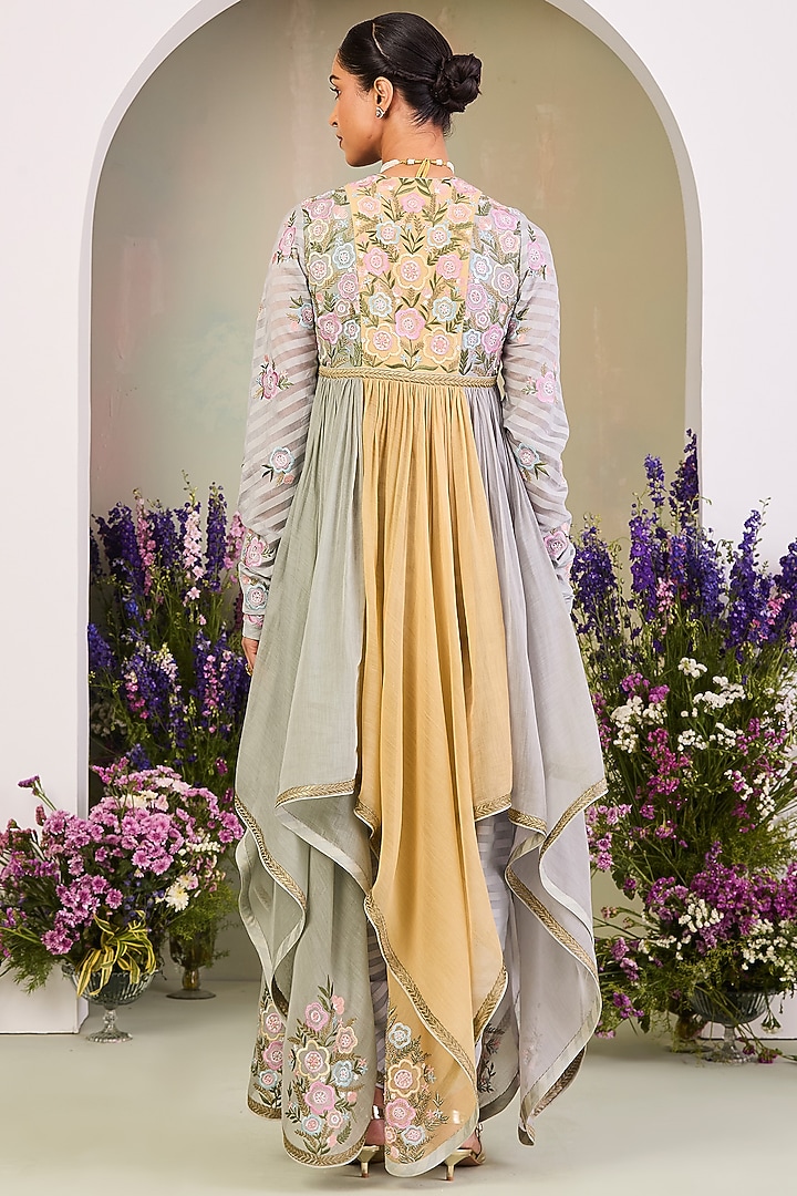 Pastel Yellow Handwoven Chanderi Mulmul Long Wedding Anarkali Set by Sue Mue at Pernia's Pop Up Shop