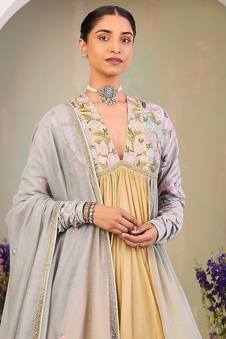 Pastel Yellow Handwoven Chanderi Mulmul Long Wedding Anarkali Set by Sue Mue at Pernia's Pop Up Shop