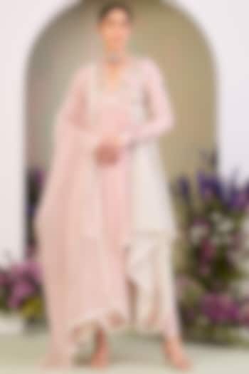 Pastel Pink Handwoven Chanderi Mulmul Long Wedding Anarkali Set by Sue Mue at Pernia's Pop Up Shop