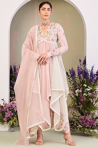 Pastel Pink Handwoven Chanderi Mulmul Long Anarkali Set by Sue Mue