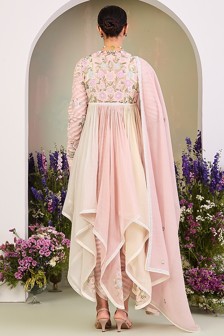 Pastel Pink Handwoven Chanderi Mulmul Long Wedding Anarkali Set by Sue Mue at Pernia's Pop Up Shop