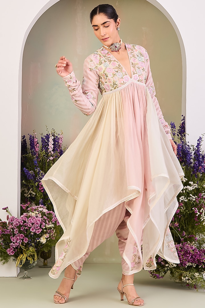 Pastel Pink Handwoven Chanderi Mulmul Long Wedding Anarkali Set by Sue Mue at Pernia's Pop Up Shop