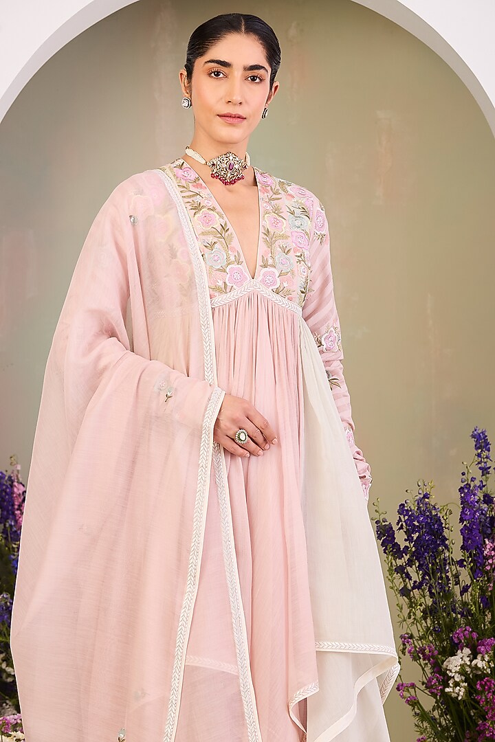Pastel Pink Handwoven Chanderi Mulmul Long Wedding Anarkali Set by Sue Mue at Pernia's Pop Up Shop