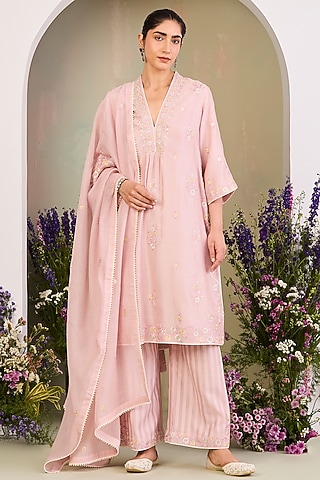Pastel Pink Handwoven Silk Chanderi Embroidered Kurta Set by Sue Mue