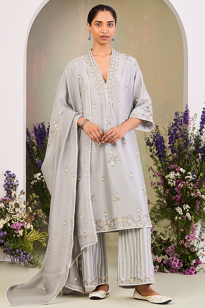Ice Blue Handwoven Silk Chanderi Embroidered Kurta Set by Sue Mue at Pernia's Pop Up Shop