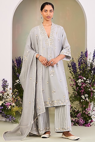 Ice Blue Handwoven Silk Chanderi Embroidered Kurta Set by Sue Mue