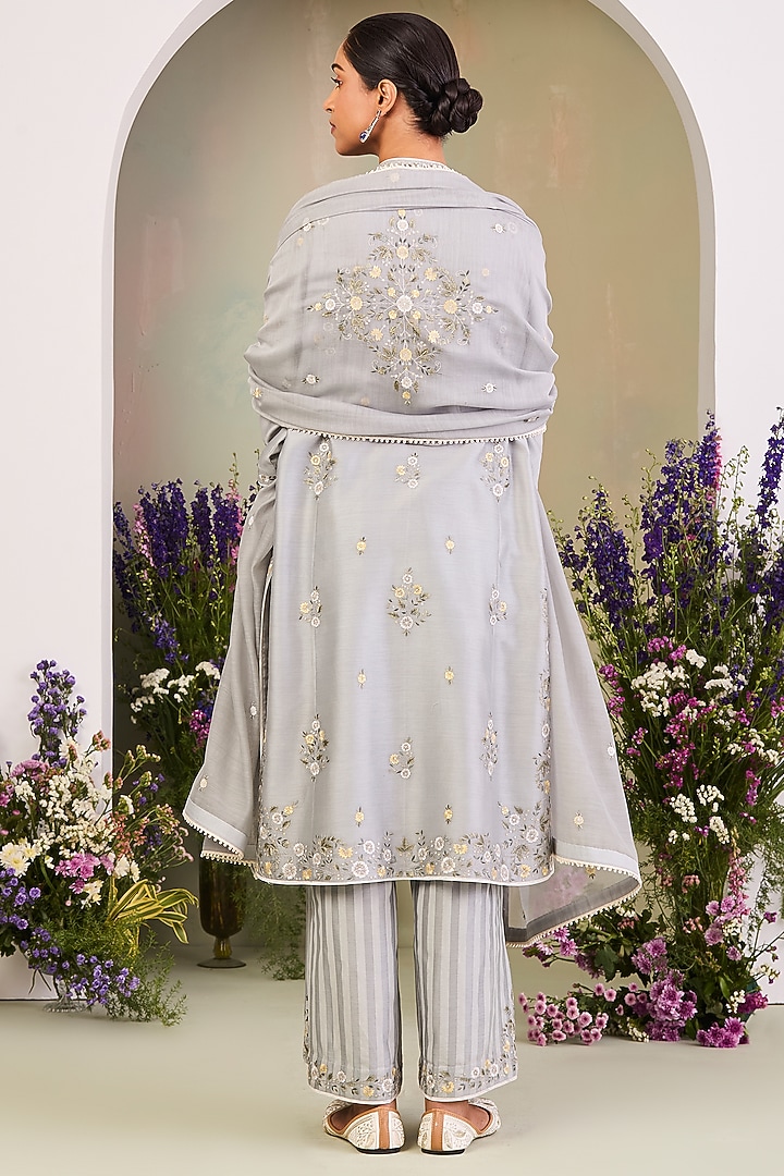Ice Blue Handwoven Silk Chanderi Embroidered Kurta Set by Sue Mue at Pernia's Pop Up Shop