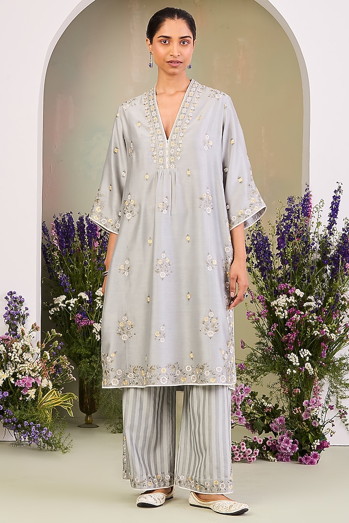 Ice Blue Handwoven Silk Chanderi Embroidered Kurta Set by Sue Mue at Pernia's Pop Up Shop