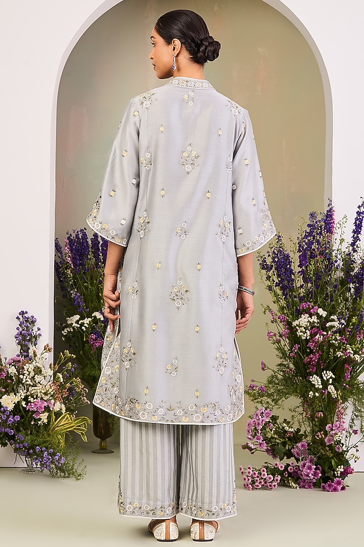 Ice Blue Handwoven Silk Chanderi Embroidered Kurta Set by Sue Mue at Pernia's Pop Up Shop